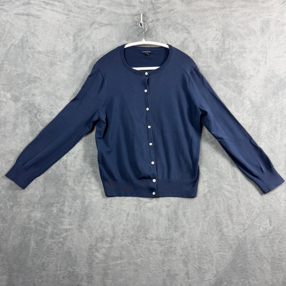 Lands' End Womens L Petite Navy Cardigan Button Down Cotton Blend Office Siren